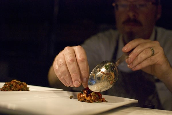 Hank Shaw plating duck tartare