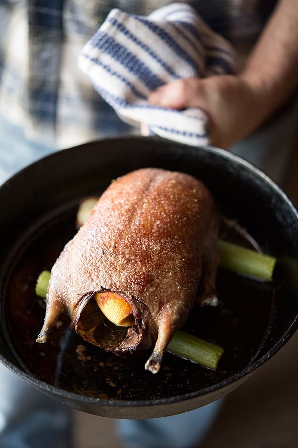 roast wild duck in a pan, right out of the oven