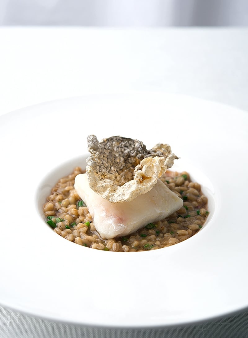 poached walleye with barley risotto