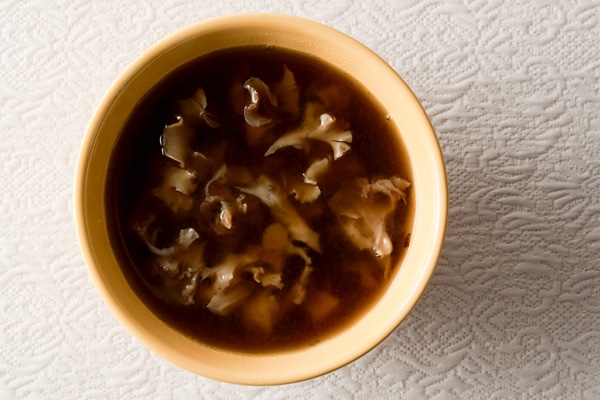 Sparassis, cauliflower mushroom soup in a bowl