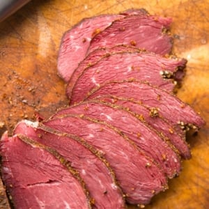 Slices of the finished goose pastrami recipe