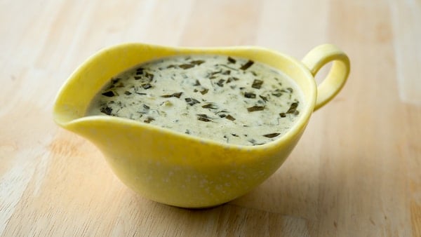 finished sorrel sauce, in a gravy boat