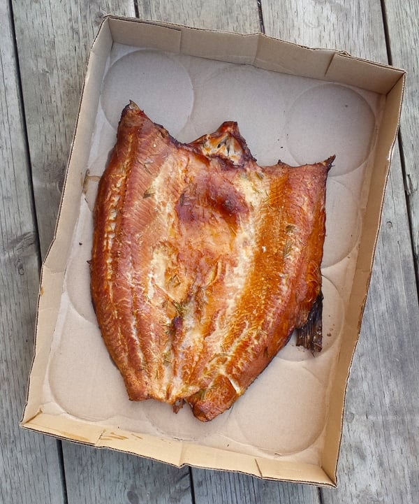 finished smoked lake trout recipe in a cardboard box top