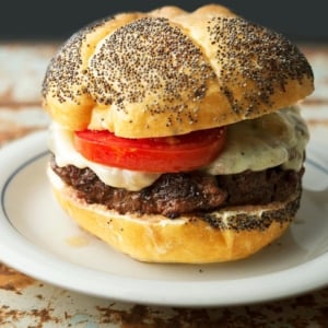 A venison burger on a plate.