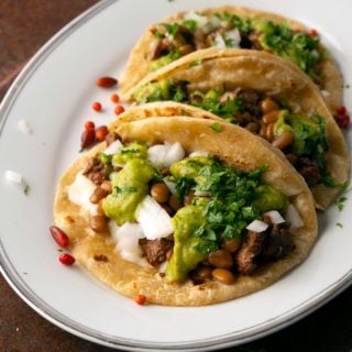 Closeup of a plate of venison tacos.