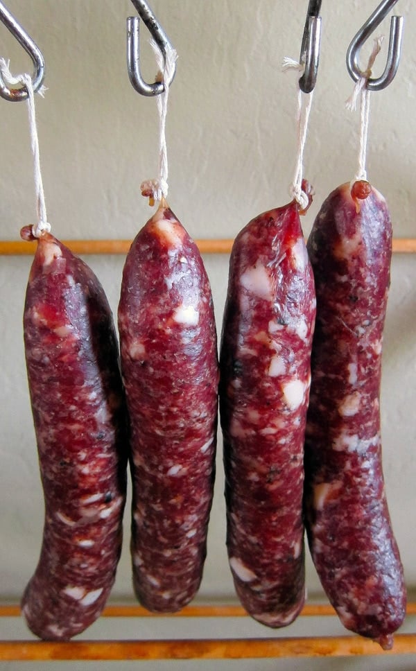 basic pork salami, hanging
