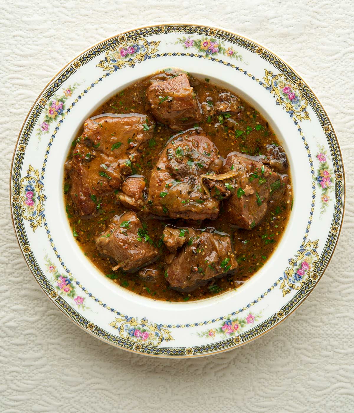 A bowl of venison carbonnade.