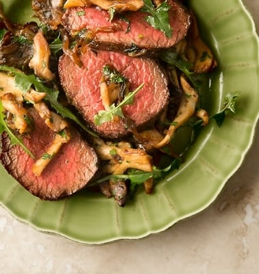 venison steaks with caramelized onions and mushrooms