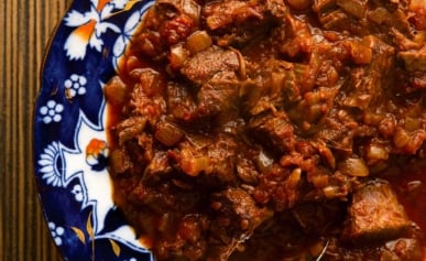 venison goulash in a bowl.