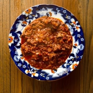 Close up of a bowl of venison goulash.