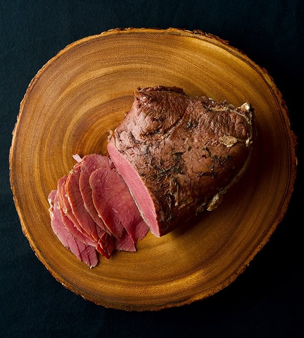 Corned venison on a cutting board. 