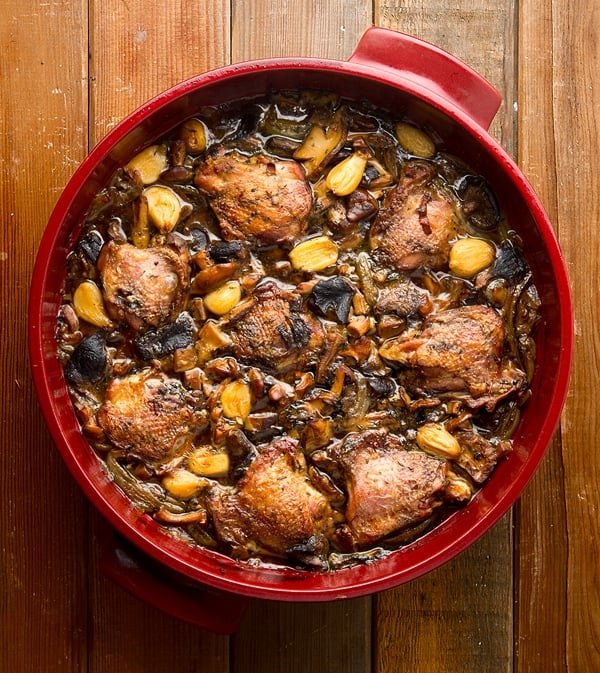 pheasant with mushrooms in the pot it cooked in