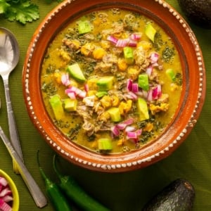 A bowl of pozole verde