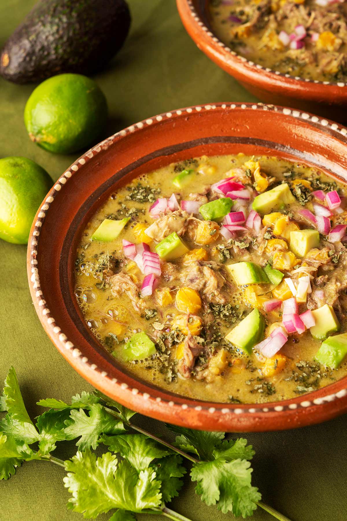 CLoseup of a bowl of pozole verde