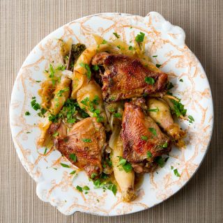 Pheasant thighs with garlic and root vegetables