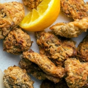 Closeup of fried morels