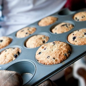 A tray of huckleberry muffins.