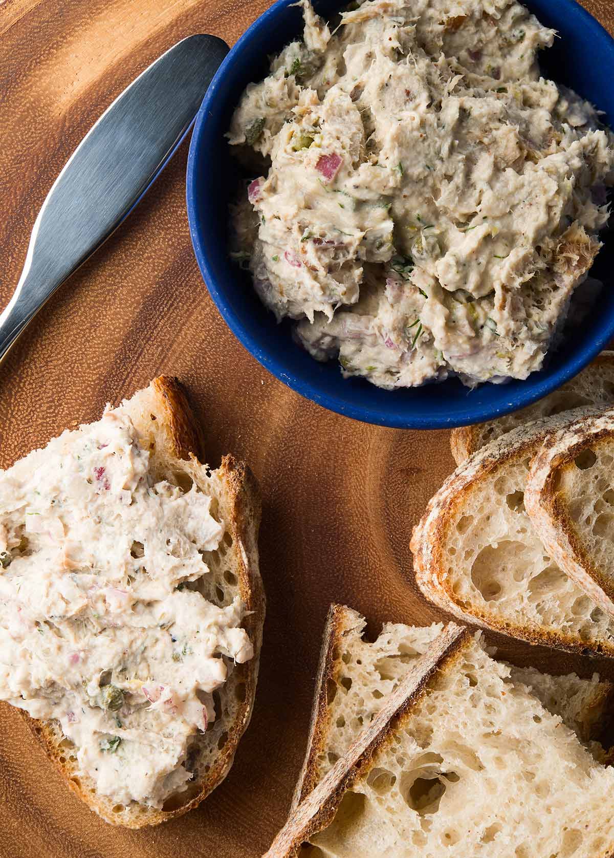 Smoked bluefish pate on crusty bread. 