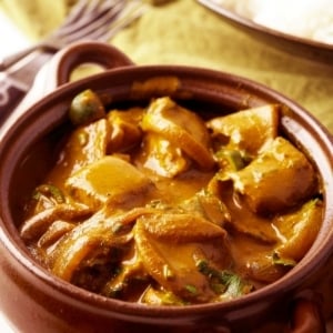 Goan fish curry in a serving bowl