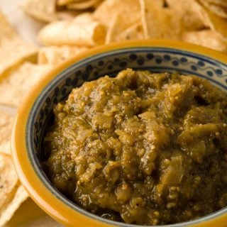 Mexican salsa verde in bowl with chips