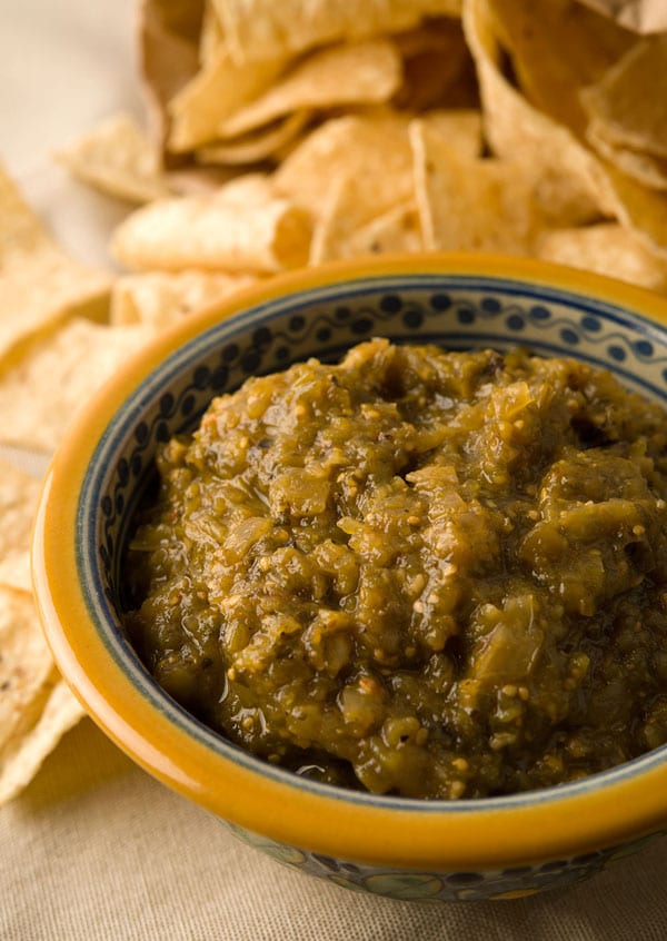 Mexican salsa verde in bowl with chips