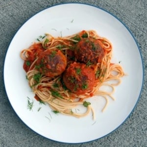 Sicilian tuna meatballs with spaghetti on a plate