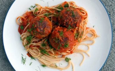 Sicilian tuna meatballs with spaghetti on a plate