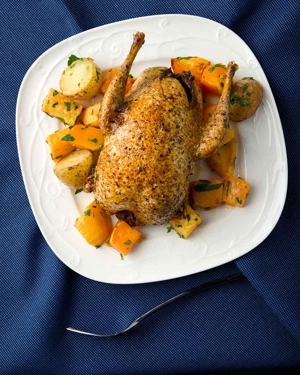 Pan roasted partridge with roasted vegetables