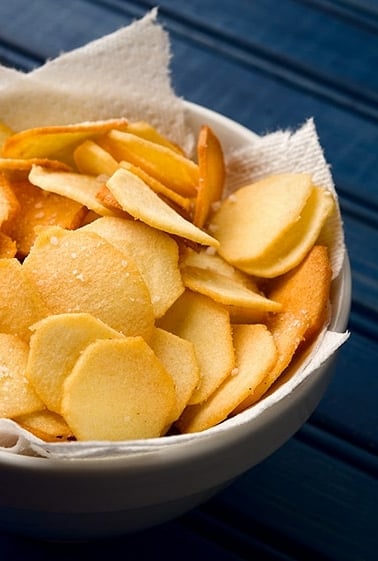 Fried arrowhead chips in a bowl.