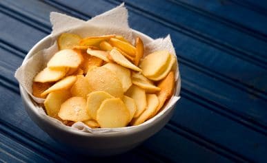 Fried arrowhead chips in a bowl.