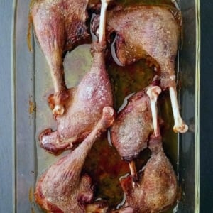 Finished duck leg recipe in a casserole dish