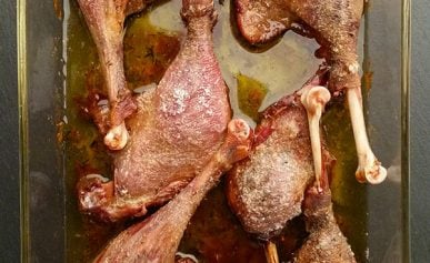 Easy roast duck legs in a casserole dish