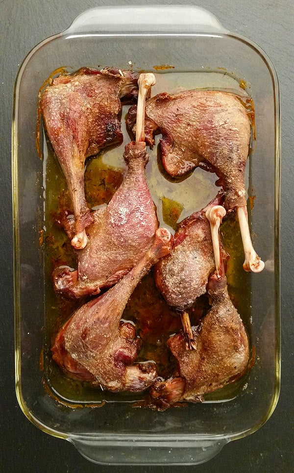 Easy roast duck legs in a casserole dish