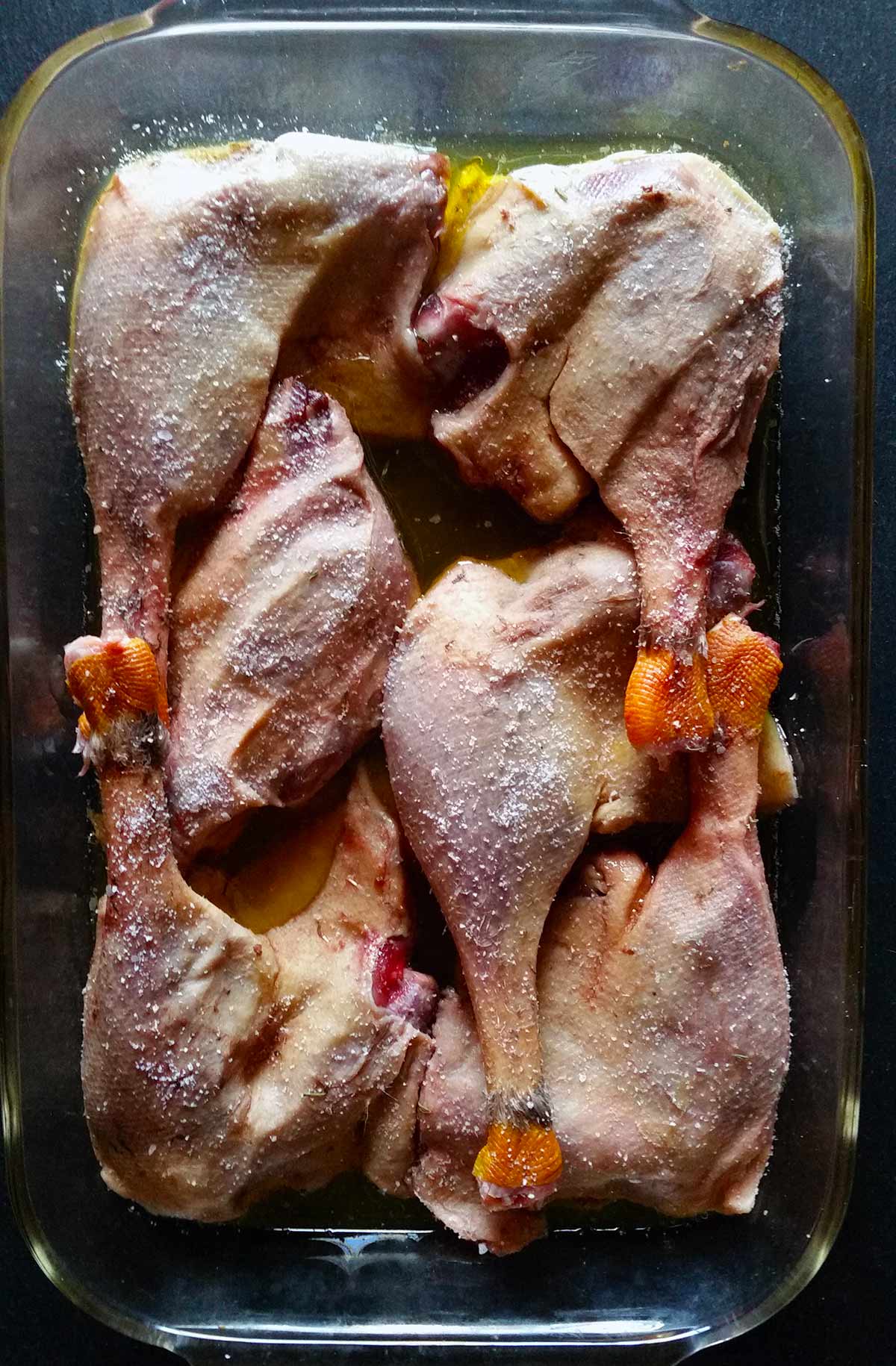 Uncooked duck legs ready for the oven