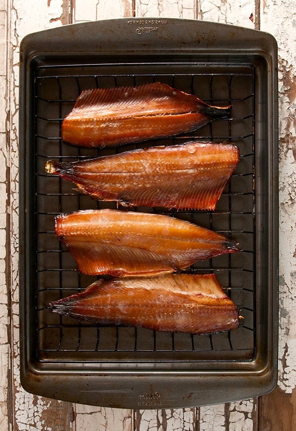 Finished smoked shad cooling on rack