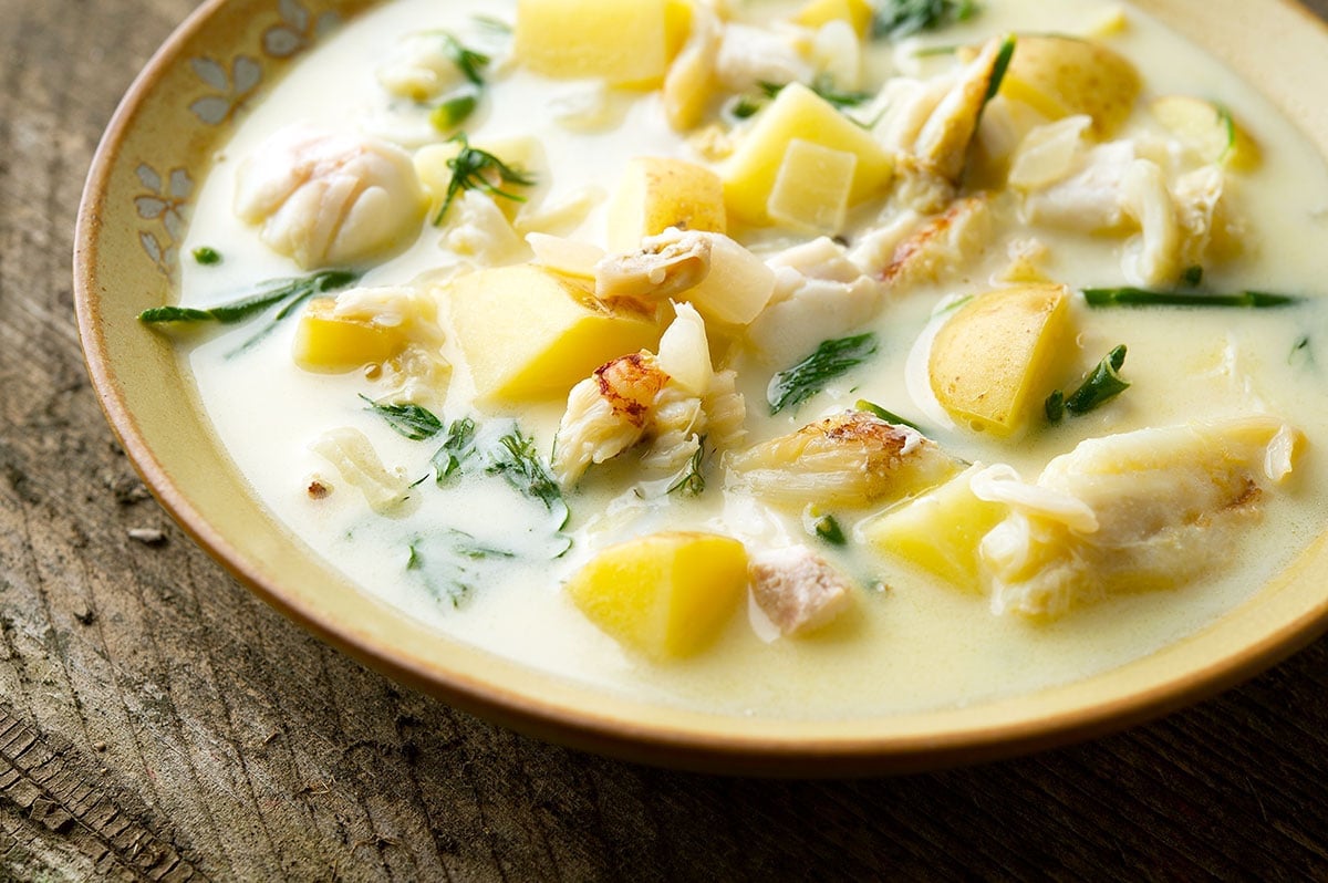 Closeup of a bowl of fish chowder