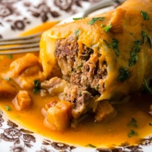 Close up of a cut chou farci, stuffed cabbage.