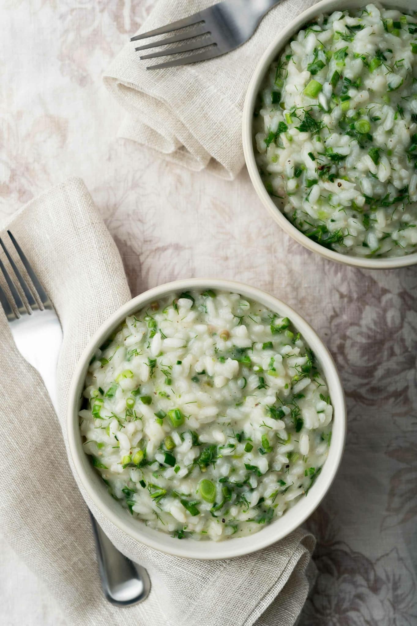 Two bowls of ramp risotto