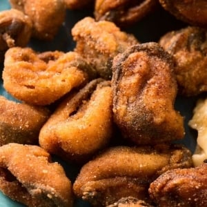 Closeup of fried mussels