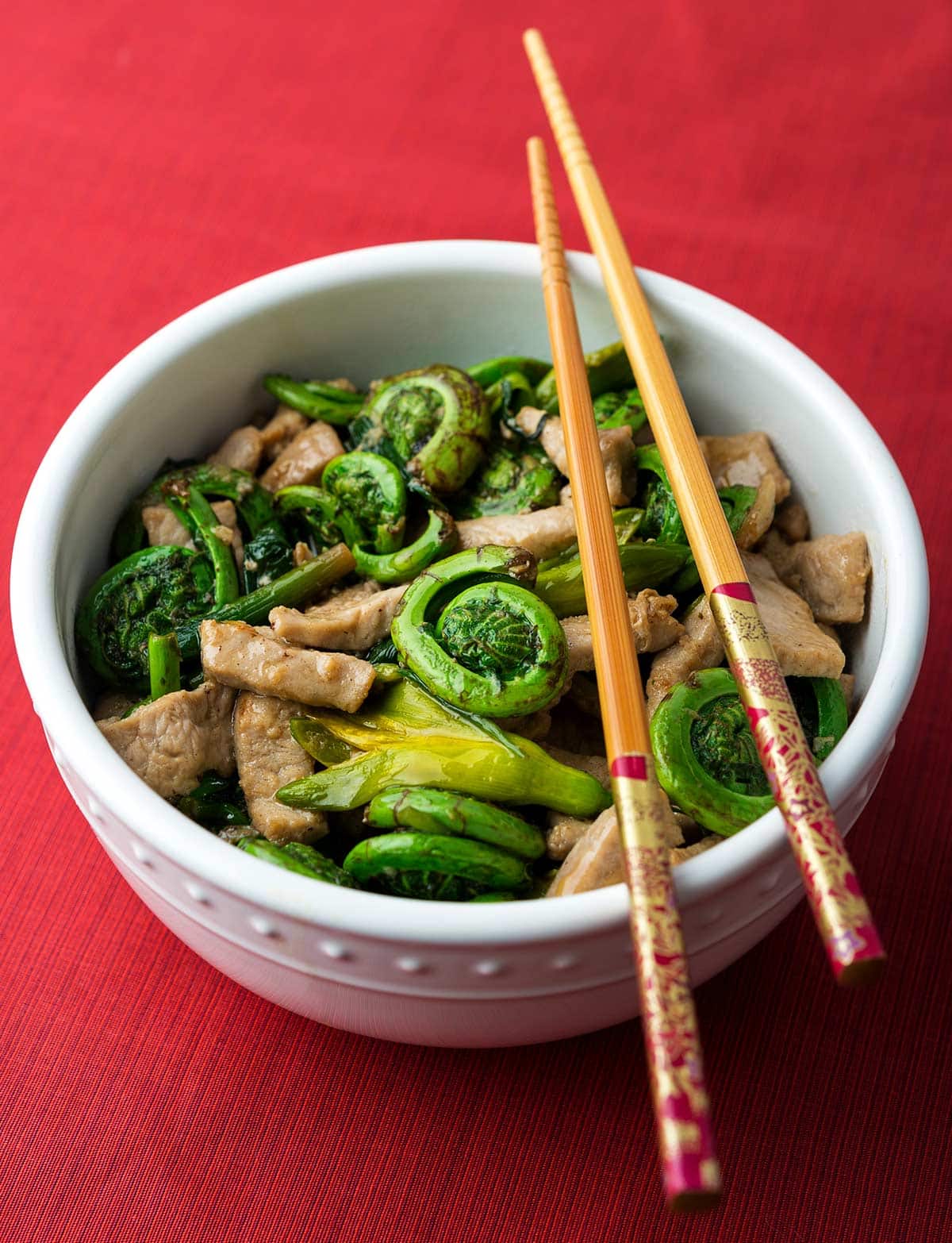 Fiddlehead stir fry in a bowl