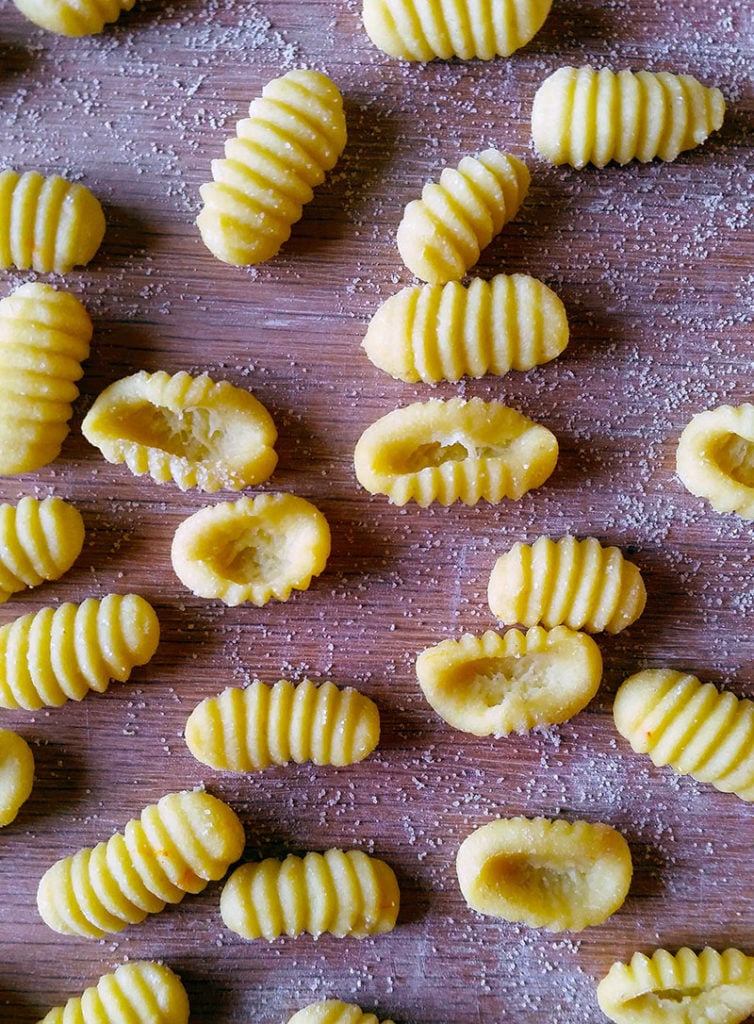 Malloreddus Pasta on a board. 