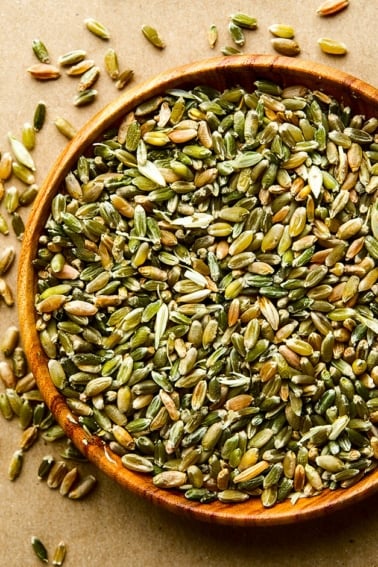 Green wheat, drying in a bowl.