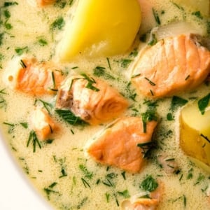 Closeup of salmon soup in a bowl