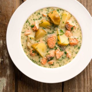 A bowl of salmon soup