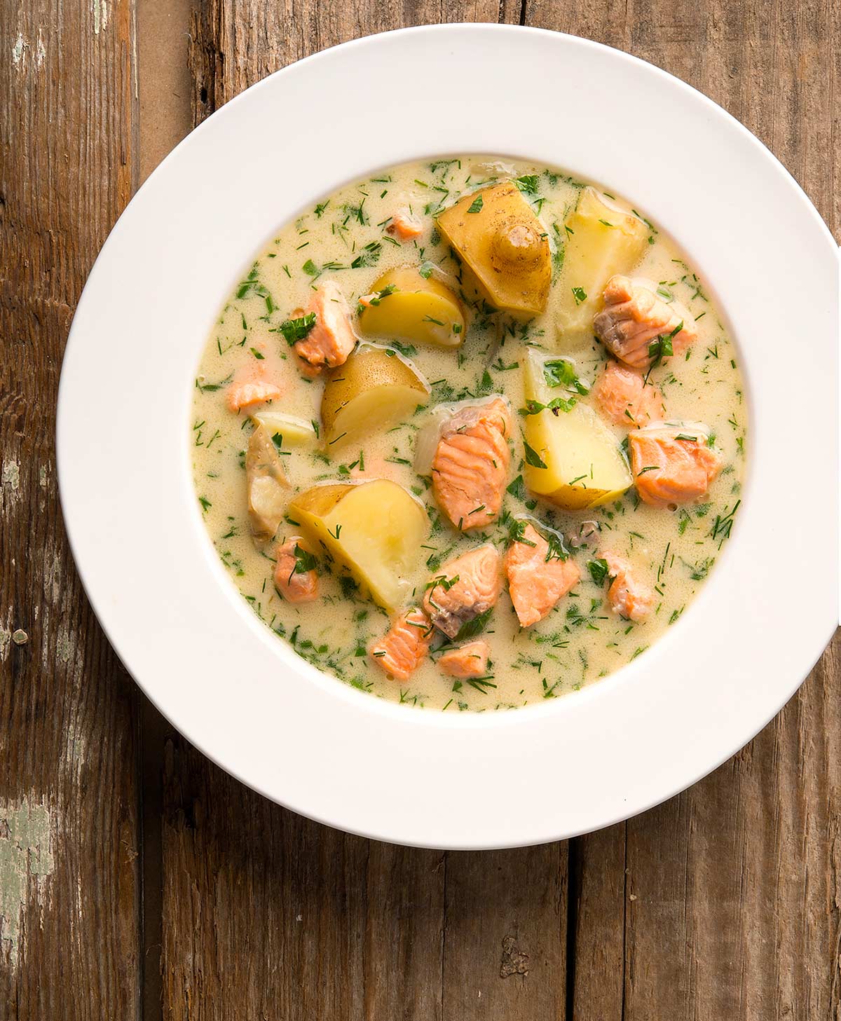 A bowl of salmon soup