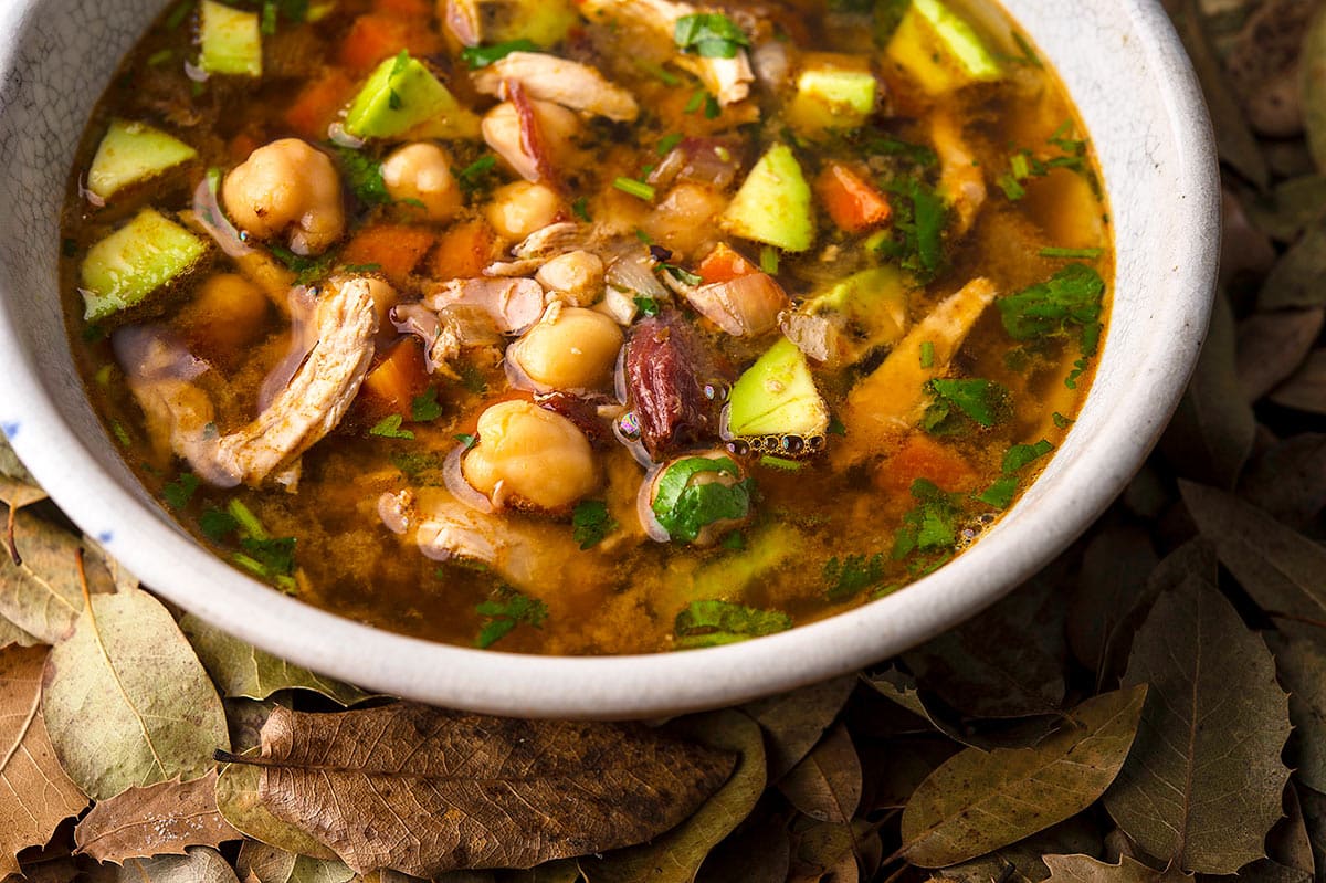 A serving of caldo tlalpeno made with quail