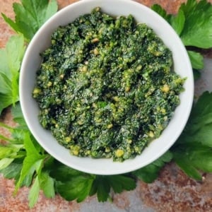 Parsley pesto in a bowl