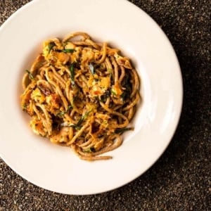 A plate of smoked salmon pasta