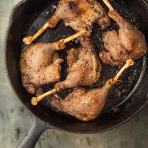 Duck confit crisped up in a pan