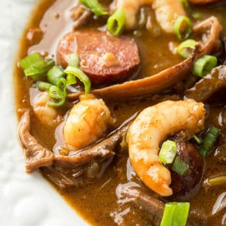 Close up of a bowl of turkey gumbo. 